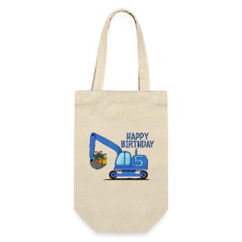 Bagger Kinder Happy Birthday 5 Blau - Geschenkbeutel für Flaschen - Natur - Vorne