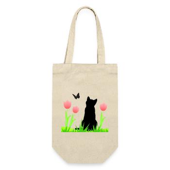 Frühlingsdesign - Katze, Tulpen, Schmetterling - Geschenkbeutel für Flaschen - Natur - Vorne