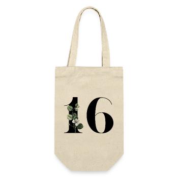 Nummer 16 Blumengrün -16. Blumengeburtstag - Geschenkbeutel für Flaschen - Natur - Vorne