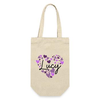 lucy Namensdesign mit herzförmigen lila Herzen - Geschenkbeutel für Flaschen - Natur - Vorne
