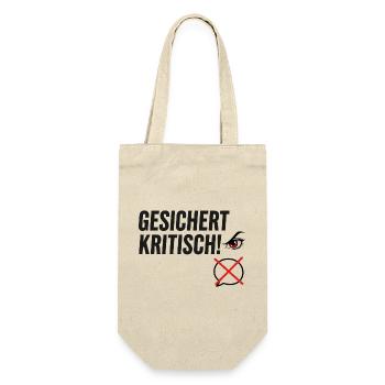 Gesichert Kritisch! Spruch Augen Design - Geschenkbeutel für Flaschen - Natur - Vorne