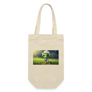 niedliches kleines grünes Retro Alien Rasen mähen - Geschenkbeutel für Flaschen - Natur - Vorne