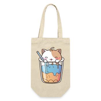 Kawaii Süße Glückliche bunte Katze Trinken Bubble Tea - Geschenkbeutel für Flaschen - Natur - Vorne