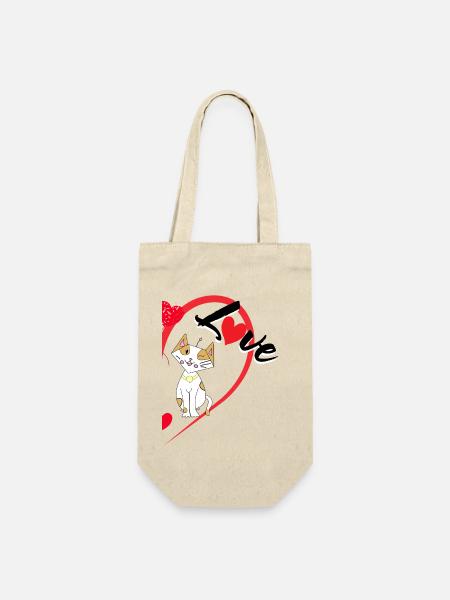Katze mit der Aufschrift Liebe halbes Herz - Geschenkbeutel für Flaschen - Natur