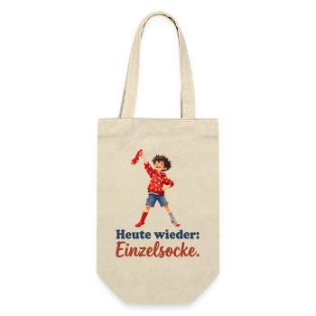 Heute wieder: Einzelsocke. – Junge mit roter Socke - Geschenkbeutel für Flaschen - Natur - Vorne