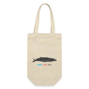 Minimalistischer Wal HOPE LOVE 2026 | Wal Herz Design - Geschenkbeutel für Flaschen - Natur - Vorne