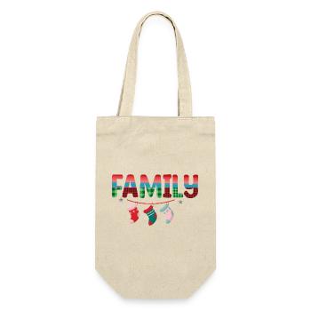 Weihnachtsfamilie mit hängenden Socken - Geschenkbeutel für Flaschen - Natur - Vorne