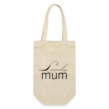 Schriftzug Lovely Mum für die liebevolle Mutter - Geschenkbeutel für Flaschen - Natur - Vorne