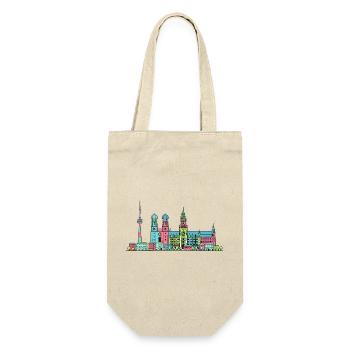 Münchner Stadtskyline Marienplatz Moderne Linienkunst - Geschenkbeutel für Flaschen - Natur - Vorne