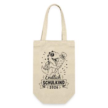 Endlich Schulkind 2026 Dino mit Blumen - Geschenkbeutel für Flaschen - Natur - Vorne