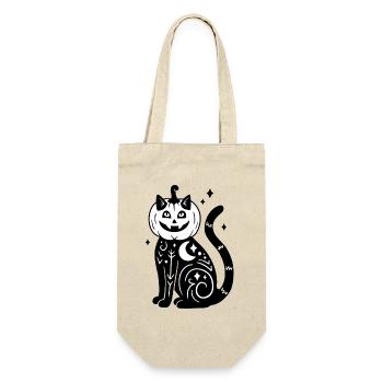 Halloween Katze Kürbiskostüm - SW mit Sternen - Geschenkbeutel für Flaschen - Natur - Vorne