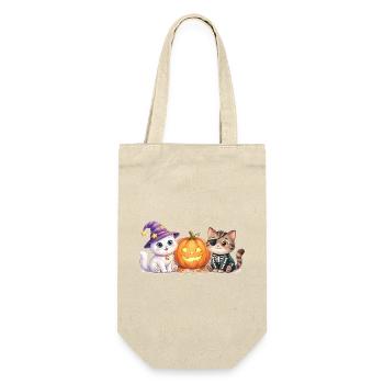 Süße Halloween Katzen mit Kürbis – Smilla & Fiete - Geschenkbeutel für Flaschen - Natur - Vorne