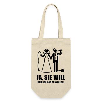Ja, Sie Will … (Bräutigam, Junggesellenabschied B) - Geschenkbeutel für Flaschen - Natur - Vorne