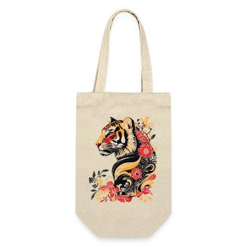 Jugendstil - bunter Tiger und Blumen - Geschenkbeutel für Flaschen - Natur - Vorne