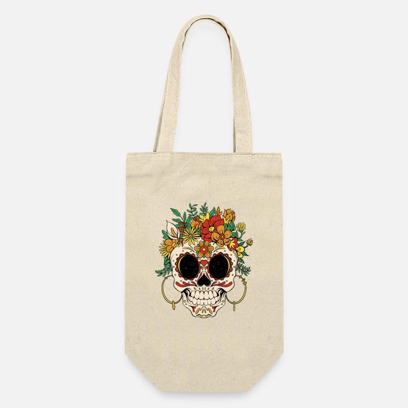 Blumenkranz Schädel Día de Muertos - Geschenkbeutel für Flaschen - Natur