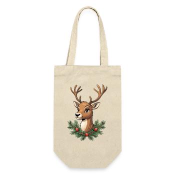 Hirschkopf mit Weihnachtskranz - Geschenkbeutel für Flaschen - Natur - Vorne