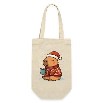 ✨ Cozy Capybara mit Kakao & Weihnachtsmütze - Geschenkbeutel für Flaschen - Natur - Vorne