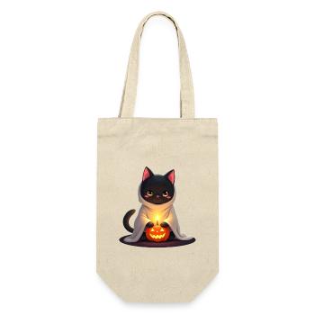 Halloween Katze mit Halloween Kürbis - Geschenkbeutel für Flaschen - Natur - Vorne