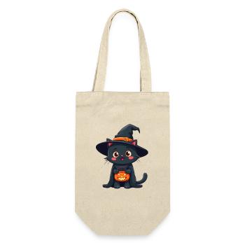 Halloween Katze mit Halloween Kürbis - Geschenkbeutel für Flaschen - Natur - Vorne