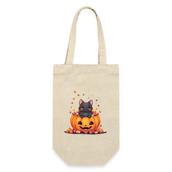 Halloween Katze mit Halloween Kürbis - Geschenkbeutel für Flaschen - Natur - Vorne