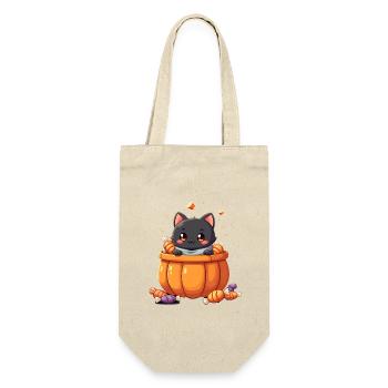 Halloween Katze mit Halloween Kürbis - Geschenkbeutel für Flaschen - Natur - Vorne