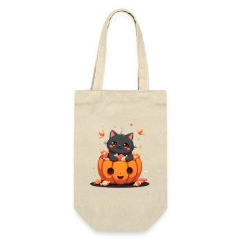Halloween Katze mit Halloween Kürbis - Geschenkbeutel für Flaschen - Natur - Vorne