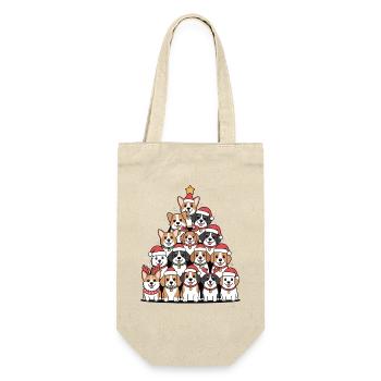 Weihnachtshunde Pyramide – Lustiger Xmas Look - Geschenkbeutel für Flaschen - Natur - Vorne