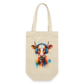 Kuh mit Kopfhörer Popart - Geschenkbeutel für Flaschen - Natur - Vorne