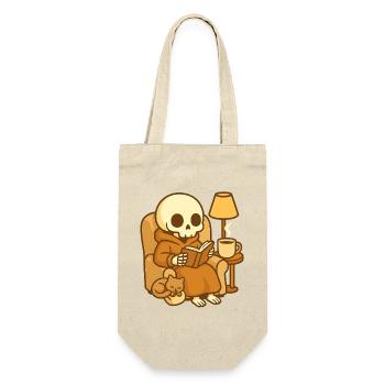 Lesendes Skelett – Cozy Reading - Geschenkbeutel für Flaschen - Natur - Vorne