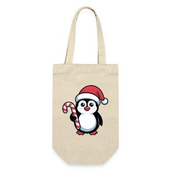 Pinguin Santa mit Zuckerstange - Geschenkbeutel für Flaschen - Natur - Vorne