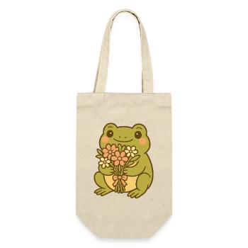 Kawaii Frosch mit Blumenstrauß – Cute Frog Art - Geschenkbeutel für Flaschen - Natur - Vorne