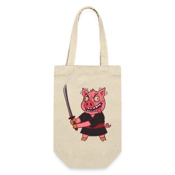 Verrücktes Samurai Schwein mit Schwert - Geschenkbeutel für Flaschen - Natur - Vorne