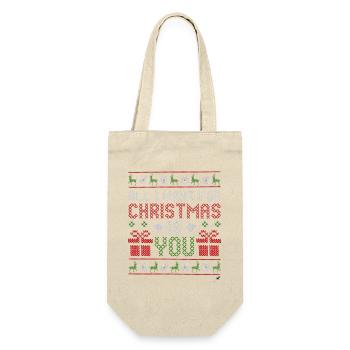 Weihnachtskreuzstich Abbildung mit Inschrift - Geschenkbeutel für Flaschen - Natur - Vorne
