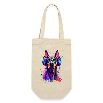 Dobermann mit Kopfhörern - Geschenkbeutel für Flaschen - Natur - Vorne