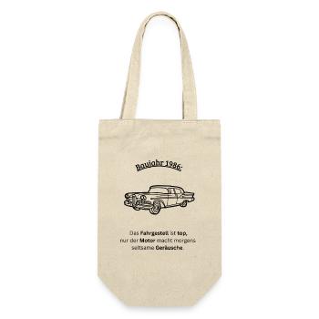 40. Geburtstag 1986 - Fahrgestell & Motor - Geschenkbeutel für Flaschen - Natur - Vorne