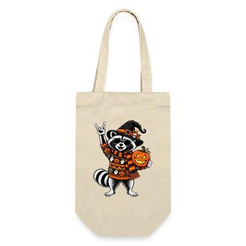 Halloween Waschbär mit Hexenhut & Kürbis - Geschenkbeutel für Flaschen - Natur - Vorne