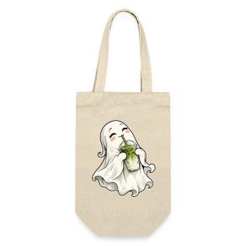 Süßer Geist mit Matcha Latte – Kawaii Halloween - Geschenkbeutel für Flaschen - Natur - Vorne