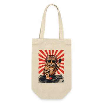 Retro DJ Katze Rot Getigert Plattenspieler - Geschenkbeutel für Flaschen - Natur - Vorne