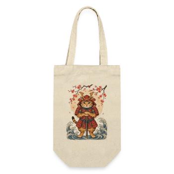 Samurai Katze mit Katana vor roter Sonne - Geschenkbeutel für Flaschen - Natur - Vorne