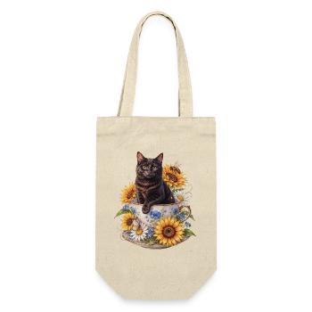Schwarzer Kater in Teetasse mit Sonnenblumen - Geschenkbeutel für Flaschen - Natur - Vorne