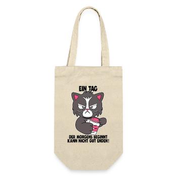 Katze Kaffee Morgenmuffel Faul Spruch Geschenk - Geschenkbeutel für Flaschen - Natur - Vorne