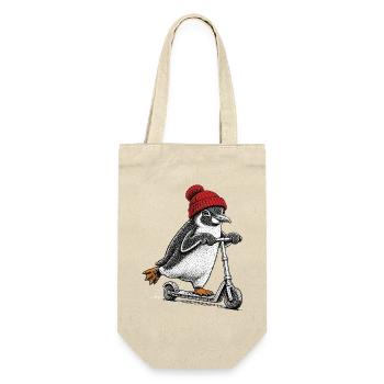 Pinguin auf dem Tretroller – Vintage-Stil - Geschenkbeutel für Flaschen - Natur - Vorne