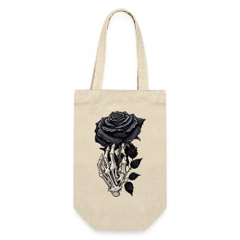 Schwarze Rose und Gothic Skelett Totenkopf Hand - Geschenkbeutel für Flaschen - Natur - Vorne
