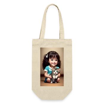 fröhliches Mädchen mit Kätzchen - Geschenkbeutel für Flaschen - Natur - Vorne