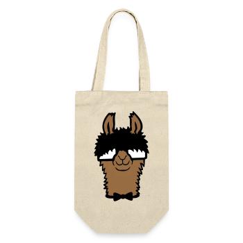 Lama Nerd Geek Hornbrille Fliege Lustig Alpaka Süß - Geschenkbeutel für Flaschen - Natur - Vorne