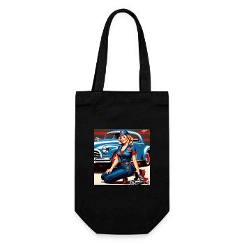 Pinup im Retrowagen Blau - Geschenkbeutel für Flaschen - Schwarz - Vorne