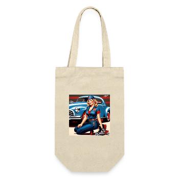 Pinup im Retrowagen Blau - Geschenkbeutel für Flaschen - Natur - Vorne