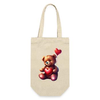 Entzückender Teddybär mit rotem Herz - Geschenkbeutel für Flaschen - Natur - Vorne