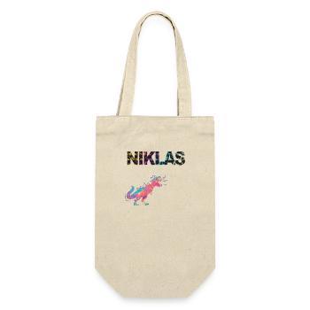 NIKLAS - Schöner Jungen Name mit Dinosaurier - Geschenkbeutel für Flaschen - Natur - Vorne