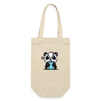 kawaii Panda trinkt Boba - Geschenkbeutel für Flaschen - Natur - Vorne